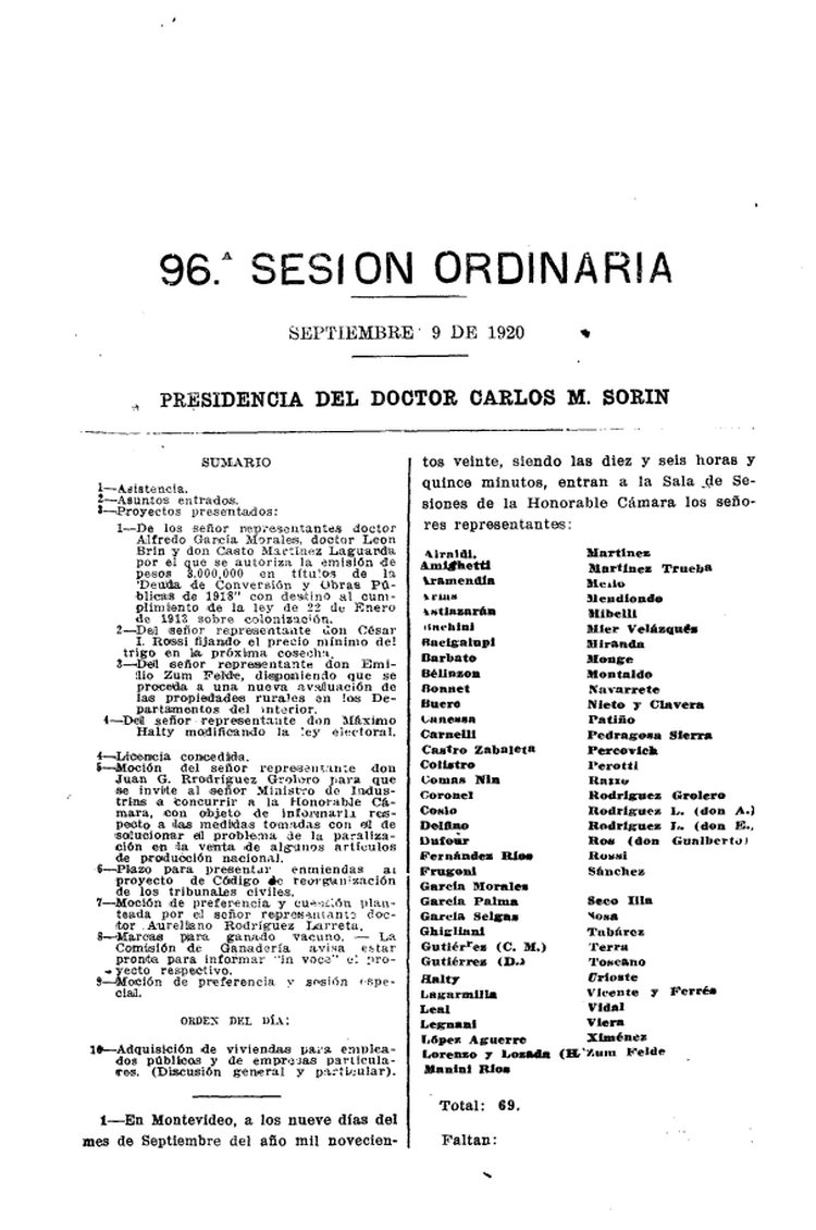 DIARIO DE SESIONES DE LA CAMARA DE REPRESENTANTES del 09/09/1920
